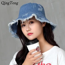 Весенняя Новинка, джинсовая Панама с эффектом потертости для женщин, летние пляжные шляпы, Женская Повседневная Рыбацкая Кепка с бахромой и козырьком от солнца