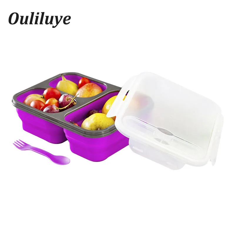 

3 Grid Collapsible Lunch Bento Box Silicone Container Food For Refrigerator Storage Food Containers Convenient Camping Lunch Box