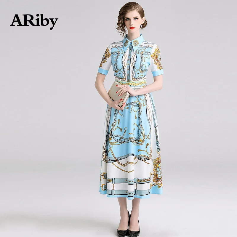 

ARiby Women Dress Long Maxi Slim Printed Dress 2019 New Summer Office Lady Fashion Elegant Short Sleeve A-Line Mid-Calf Dresses