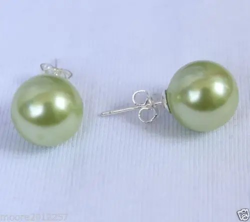 

Free Shipping >>>>12mm round south sea green shell pearl earring Stud silver N87