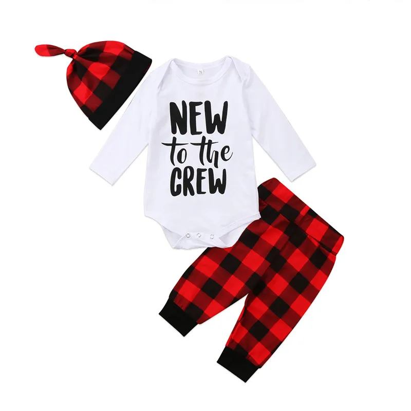 3PCS Newborn Baby Boys Outfits Clothes Sets Letter Tops Romper Checked