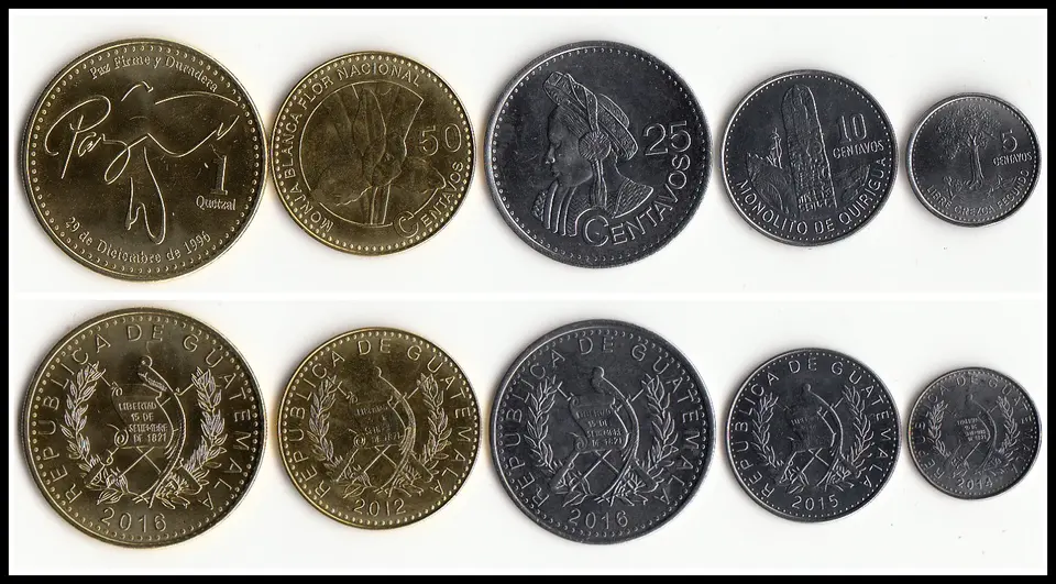 Guatemala 5 10 25 50 Centavos 1 Quetzal Unc Full Coin Set Of Pcs 25 50 Centavos 1 Quetzal Unc Full Coin