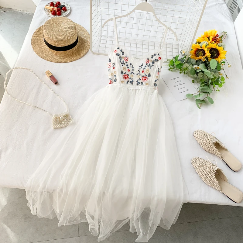 

HISUMA 2019 summer new women's strap V-neck Embroidery Flower waist gauze dress female V Collar Sexy Open Back sling mesh Dress