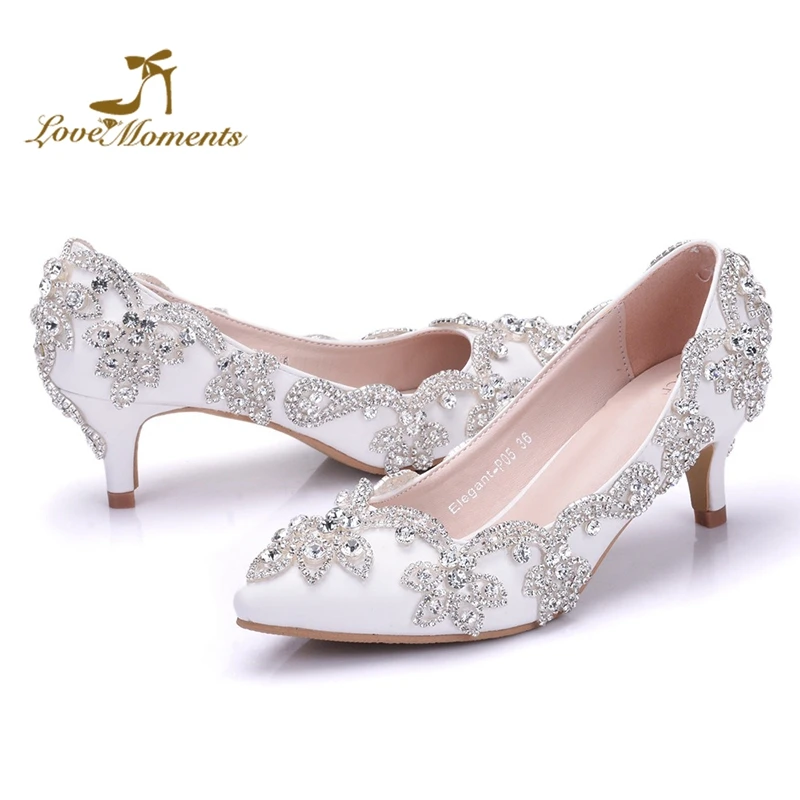White Color Wedding Bride Dress Shoes 2 Inches Kitten Heel Party Prom Shoes Handmade Rhinestone Women Pumps Plus Size 9 10