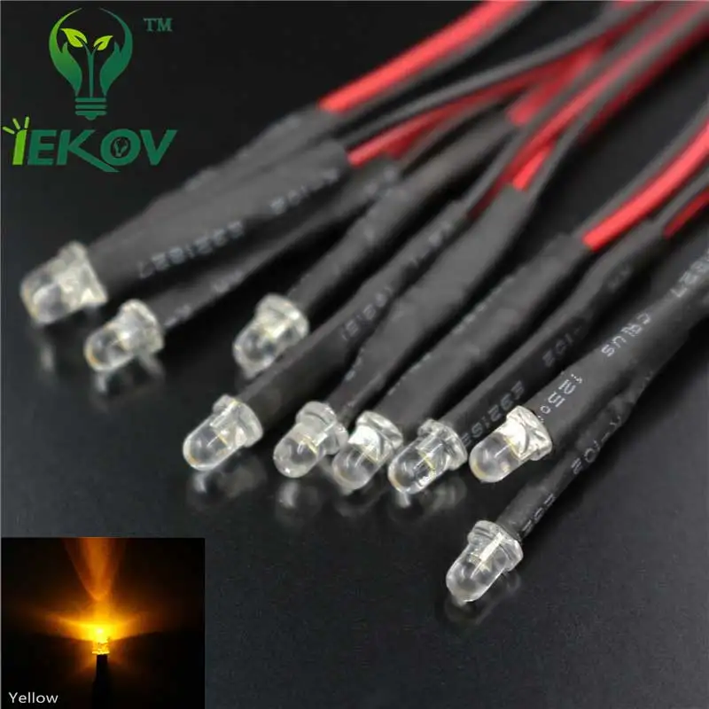 50 шт. LED диоды 3 мм 12 В Предварительно Проводные белые красные синие зеленые желтые