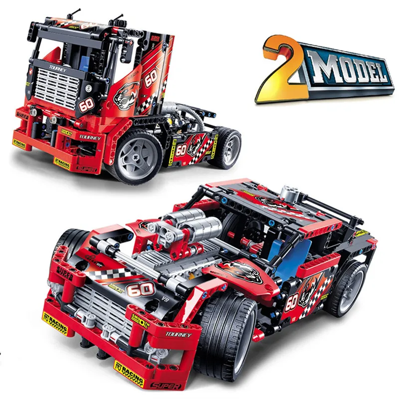 

608pcs 2 In 1 Racing Transformable Firefighting Truck Model Diy Brick Building Blocks Toys Gifts Compatible with Legoe technic