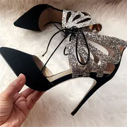 2019 г. Модные женские черные замшевые туфли-лодочки на высоком каблуке-шпильке с острым носком и блестящими ремешками свадебные туфли