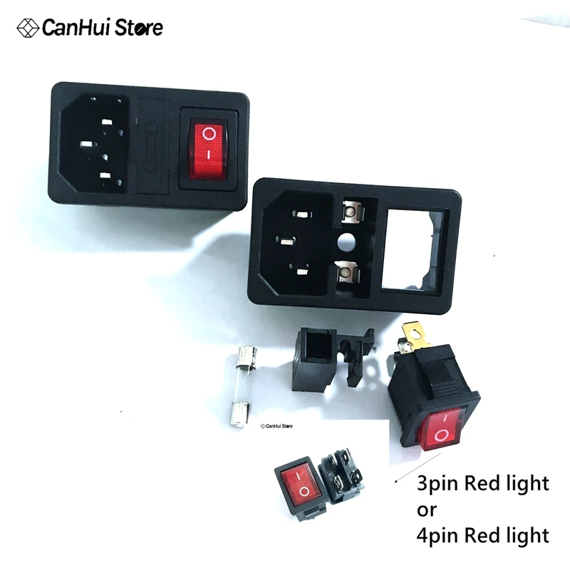 

Power Rocker Switch IEC 3 Pin 320 C14 Inlet Power Sockets Switch Connector Plug 5*20 10A 250V KCD1 104 Red Light Power Switches