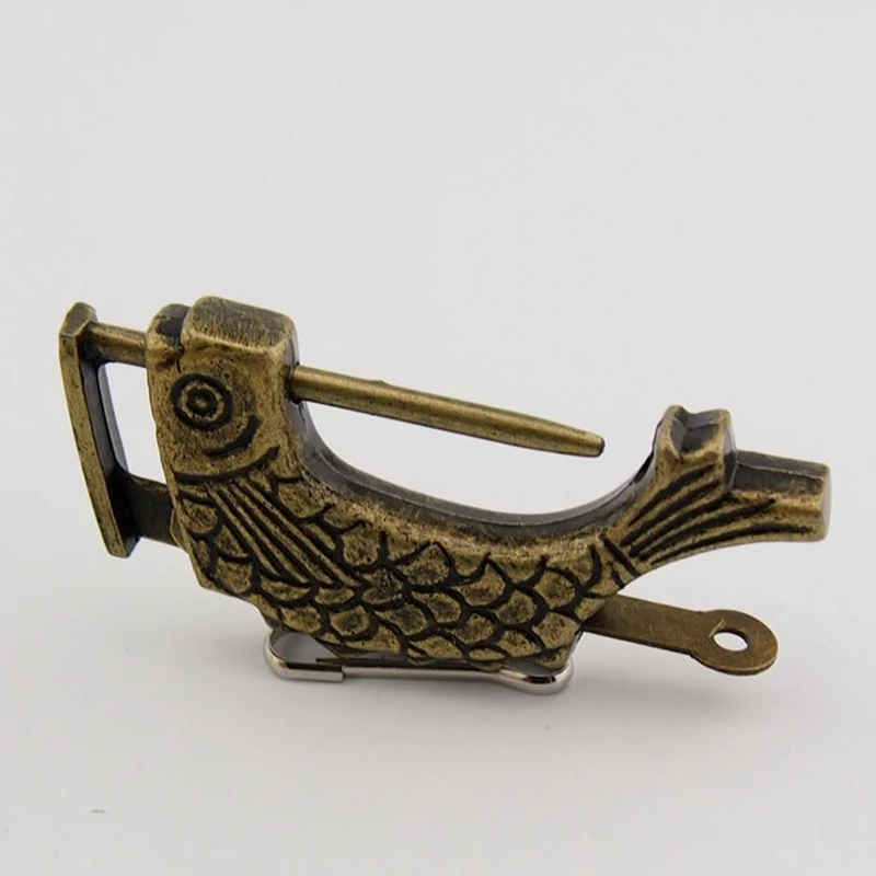 Vintage Chinese Antique Old Style Retro Brass Padlock Jewelry Box Fish Pattern Lock Key for Home Decor Ornaments 3