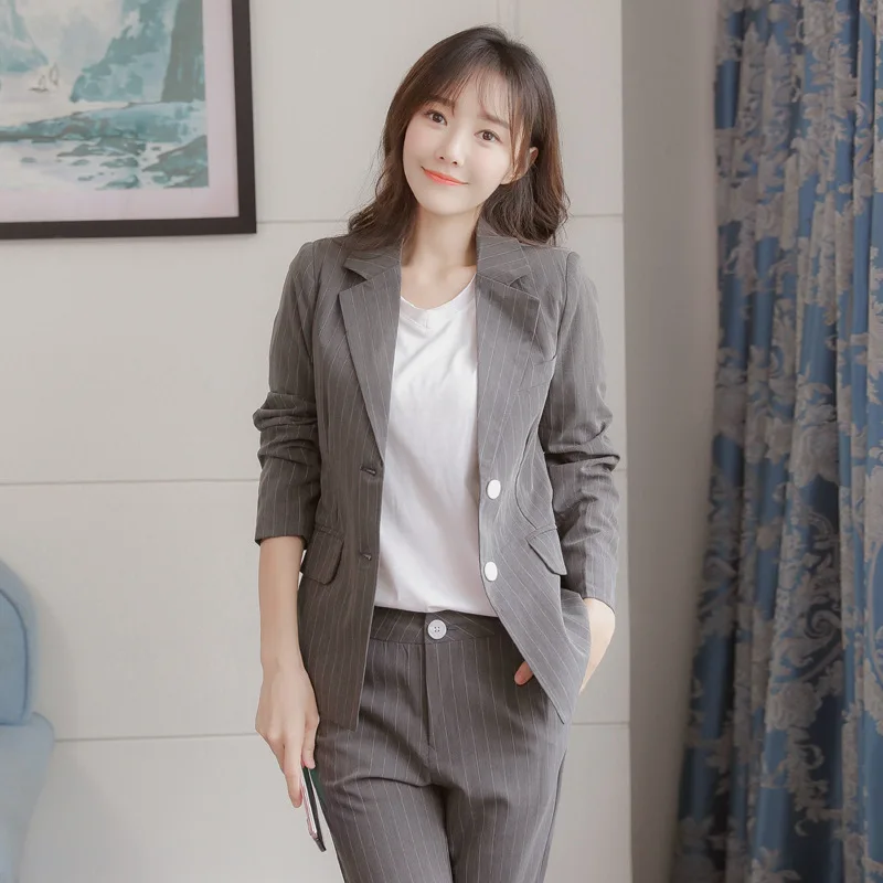 

Office Lady Autumn 2 Pieces Set Women's Fashion Gray Striped Pant Suits Single Breasted Blazer Jacket Work Business Female Suits
