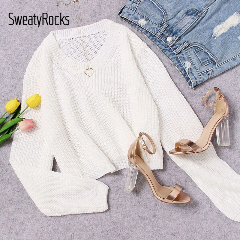 

SweatyRocks White Loose Fit Crop Jumper Sweater Women Round Neck Long Sleeve Plain Girls Pullovers Sweater Autumn Casual Sweater