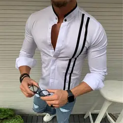 Fashsiualy camisa masculina 2019 Мужская модная хлопковая Повседневная полосатая блузка с длинными рукавами и отворотами Топ Блузка мужская рубашка