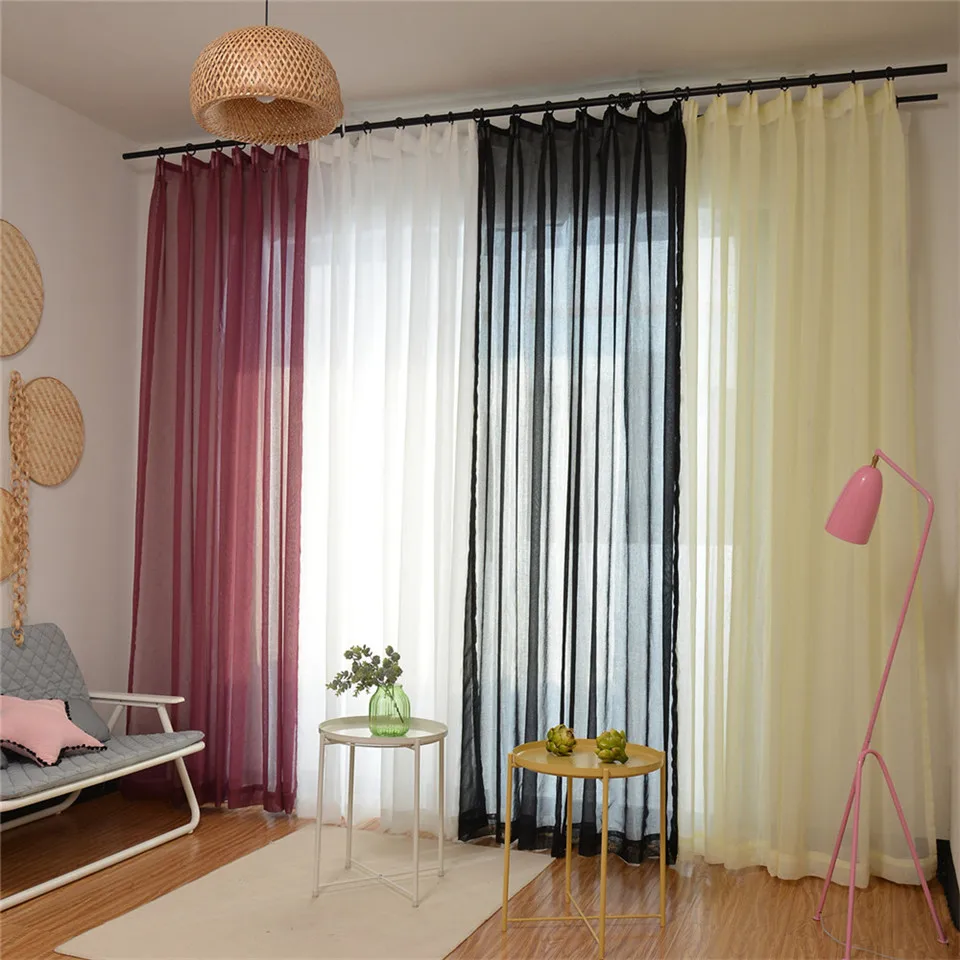 Latest Cheap 4 Colors Black Window Curtains for Home Plain Tulle Sheer for Window Treatment Rideaux Living Room Decoration