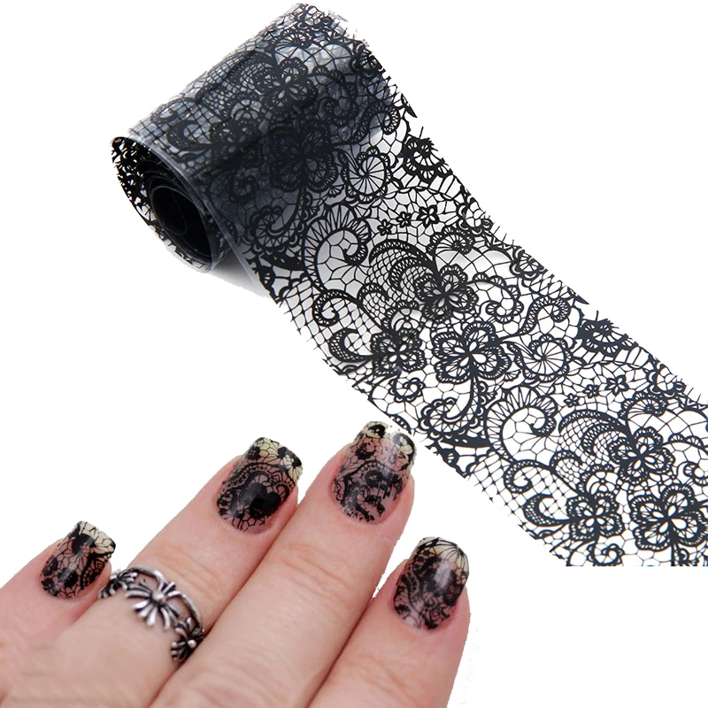 

Black Lace Flowers Nail Art Transfer Foils Adhesive Stickers On Nails Polish Wrap Decorations Accessories Nail Tool JQF112