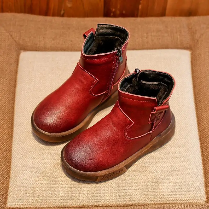 

Baby Girls Boots Winter Kids Martin Boots Zipper Leather Warm Cotton Mid-calf Children Shoes