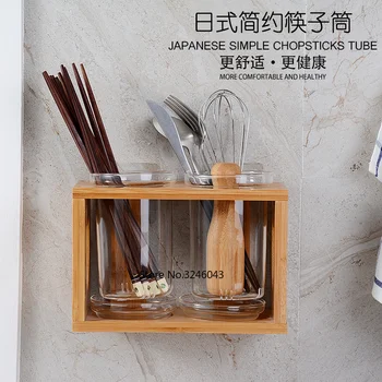 

Kitchen simple bamboo glass chopsticks tube Japanese style dual cylinder storage chopsticks cage drain three chopsticks rack