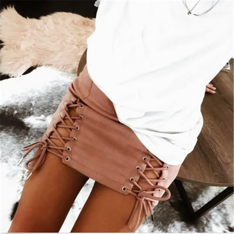 

2017 Summer Fashion Sexy Women Skirt High Waist Hollow Bandage Lace Up Faux Suede Party Short Mini Skirts For Women
