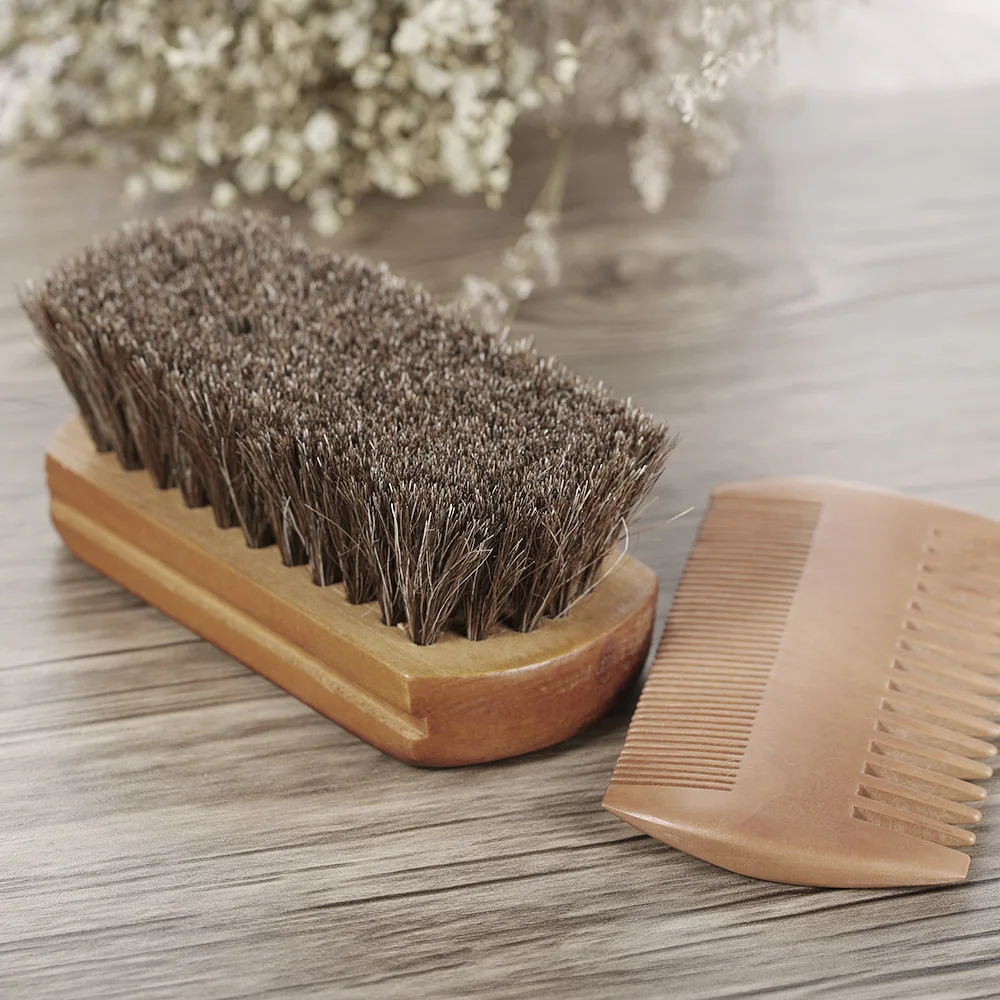 Men's Beard Brush & Comb Kit Horse Hair Mustache Shaving Brush Golden