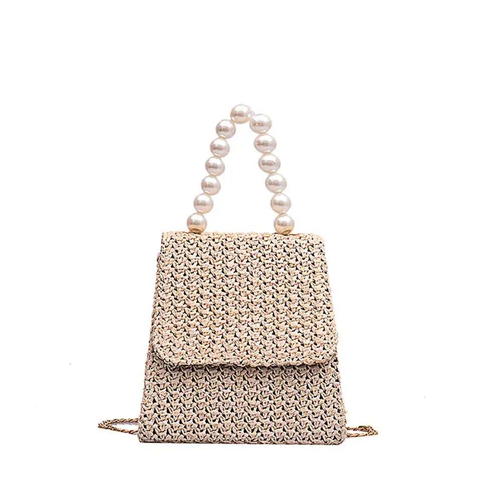 

New Summer Women Shoulder Bag Hand Made Exquisiteness Pearl Straw Bags Woven Flap Sweet Pastoral Rattan Girls Bag