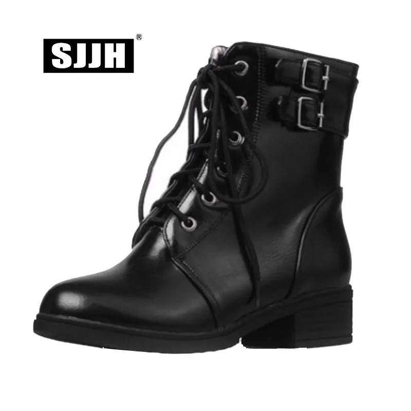 SJJH Woman Lace-up Ankle Boots Point Toe Chunky Heel Buckle Comfort Martin Boots Female Casual Fashion Shoes Large Size Q046