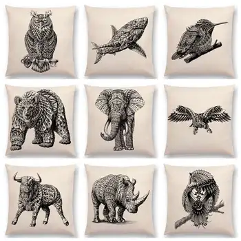 

Hot Sale Wild Animals Totems Free Beast Faith Tattoo Prints Owl Elephant Shark Bear Rhinoceros Buffalo Cushion Sofa Throw Pillow