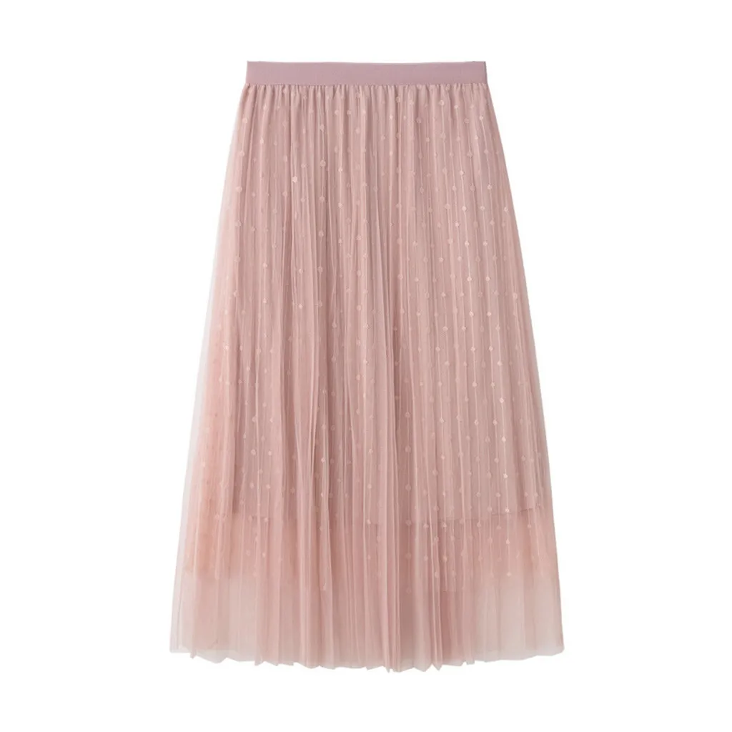 

Skirt Womens Solid color dots latest fashion NEW Double Layer Pleated Retro Long Maxi Dress Elastic Waist Skirt free shipping D4