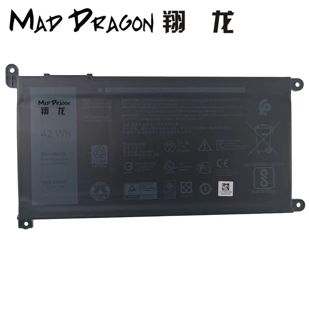 MAD DRAGON Brand Laptop NEW Lithium Battery for Dell Chromebook 11 3180 3189 11.4V 42Wh 3 Cell Li-Ion Battery 0FY8XM FY8XM 51KD7