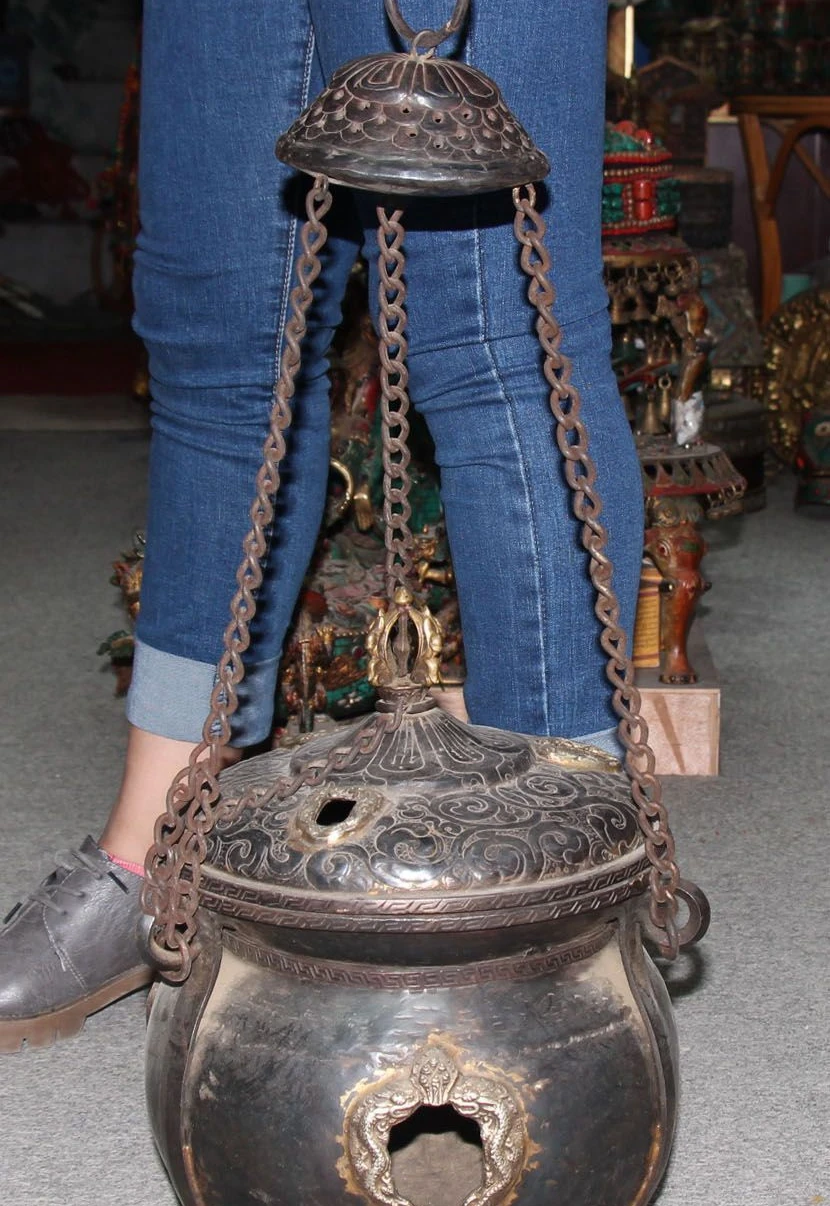 

free shipping 28" Chinese Bronze Gilt Dragon Dragons Hanging Incense Burner Censer Incensory