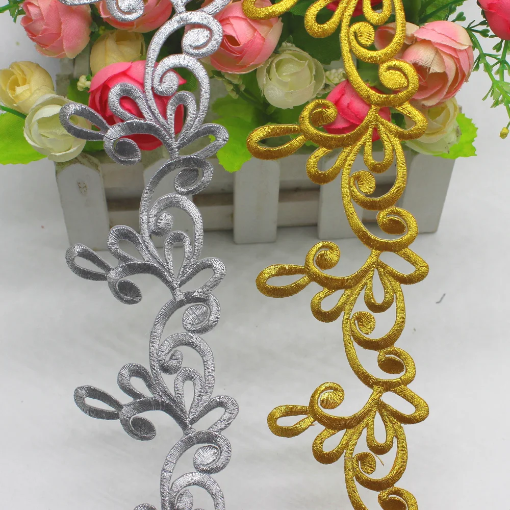 

Gold Cosplay Lace Costume Trims Iron On Embroidered Lace Appliqued 3 Yard/Lot Gold and Sliver Metallic Tape 6.5CM