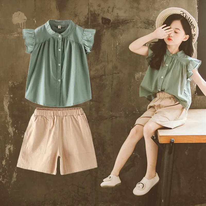

DFXD Girls Clothing Set Hot New Summer Children Clothes Korean Girl Sleeveless Single-breasted Shirt+Pant 2pc Fashion Suit 3-14Y