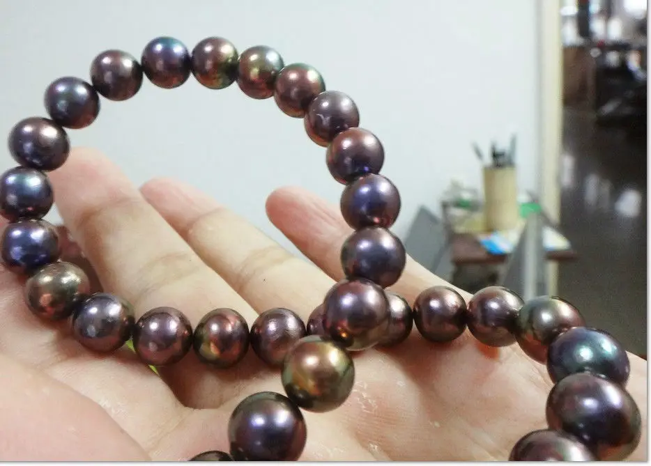 

FREE SHIPPING>>>@@ AS1176 10-11MM NATURAL ROUND TAHITIAN BLACK RED GREEN PEARL NECKLACE