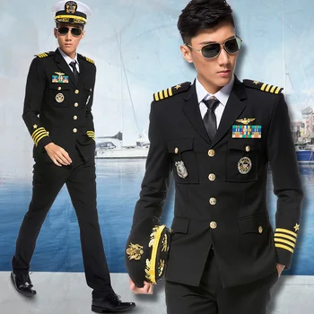 

2019 Spring Autumn Fashion Mens Captain Pilot uniforms Suits Long Sleeve Solid Men Dress Jacket+Pants+Accessories Plus Size