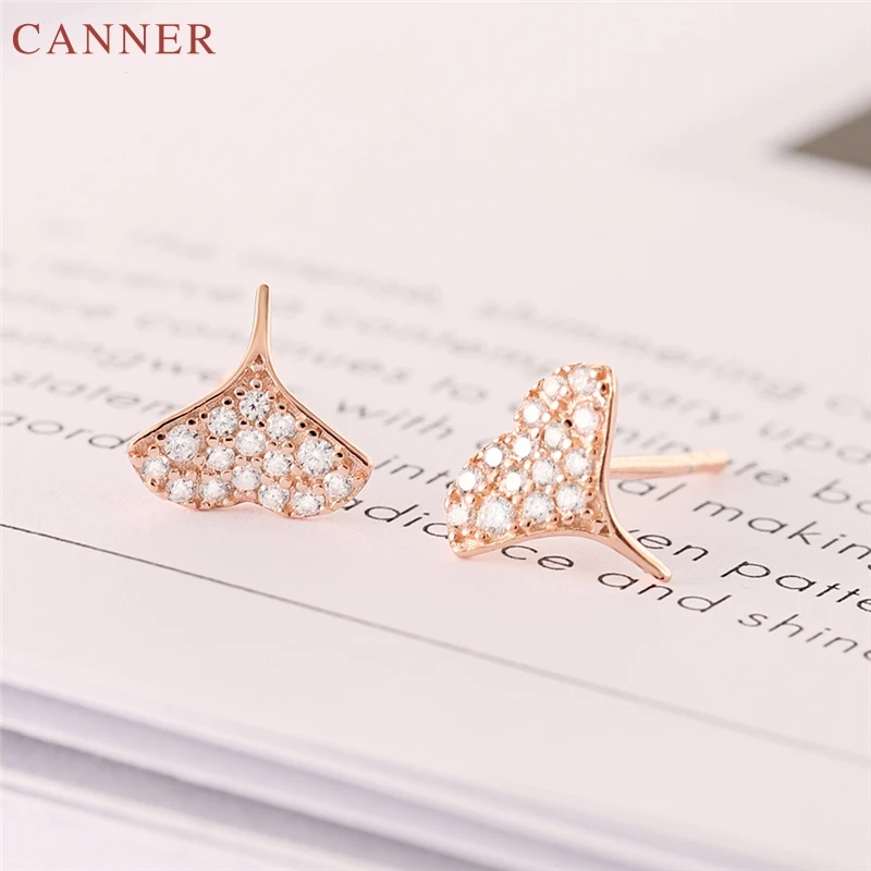 925 Sterling Silver Ginkgo Leaf Stud Earrings for Women Rose Gold Zircon Earrings 2019 Wedding Jewelry Girls Gifts oorbellen C40