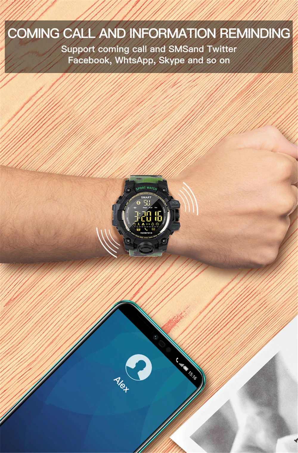 Для мужчин Для женщин спортивные Смарт-часы для фитнеса браслет Водонепроницаемый долгого ожидания Военная Униформа Смарт-часы Bluetooth наручные часы с шагомером EX16S
