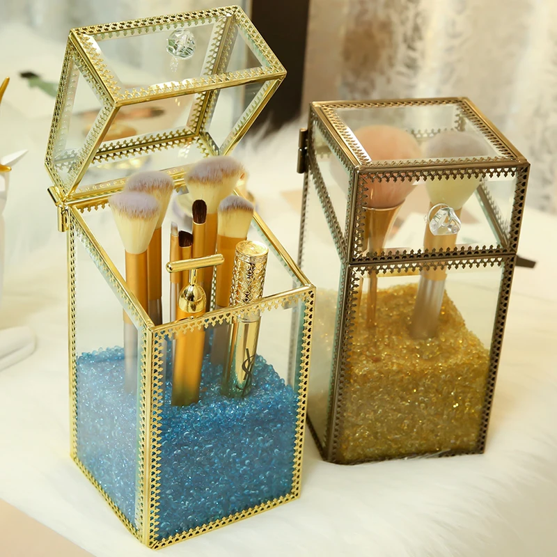 

Blue Ladies Makeup Tools Brushes Box With Glass Sand Beads Clear Makeup Tools Storage Holder Case Sand Beads Makeup Brushes