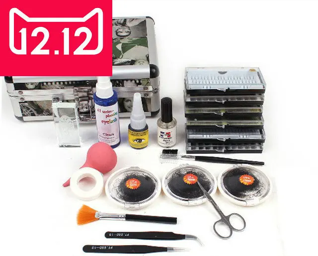 

Fashion False Double Layer Beauty Grafting Eyelash Extension Kit Full Set with Silver Case for Beauty Salon Makeup Free shipping