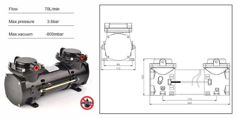 GZ-35B-12 12 v/24 v 160w 70L/мин воздушный поток двойной головкой щетки DC диафрагменный компрессор насос Электрический вакуумный насос