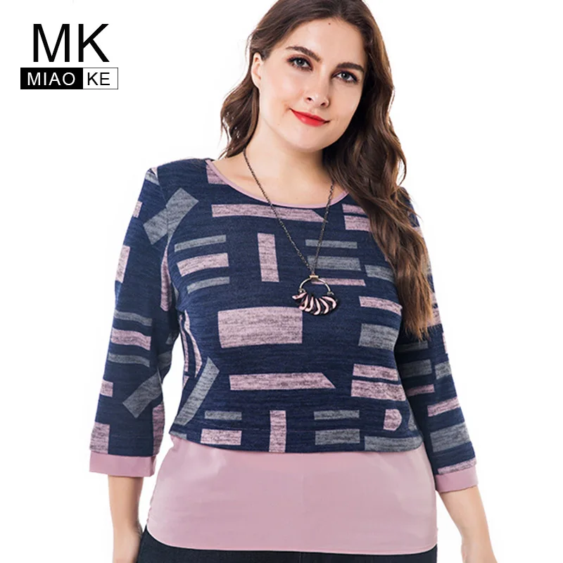 Miaoke plus size t shirt women clothing 2018 autumn new fashion knit elastic print fake two pieces tops 4XL 5XL 6XL Miaoke plus size t shirt women clothing 2018 autumn new fashion knit elastic print fake two pieces tops 4XL 5XL 6XL