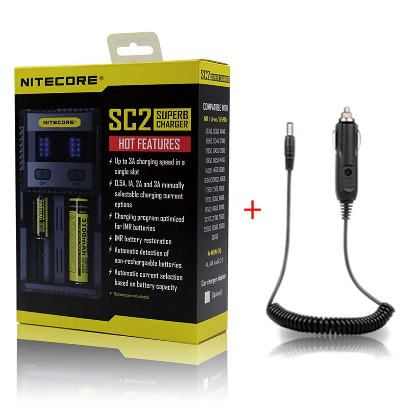 Nitecore SC4 ЖК-дисплей USB Быстрое интеллектуальное зарядное устройство для Li-Ion IMR LiFePO4 Ni-MH 18650 14450 16340 AA батарея - Цвет: SC2 and Car line