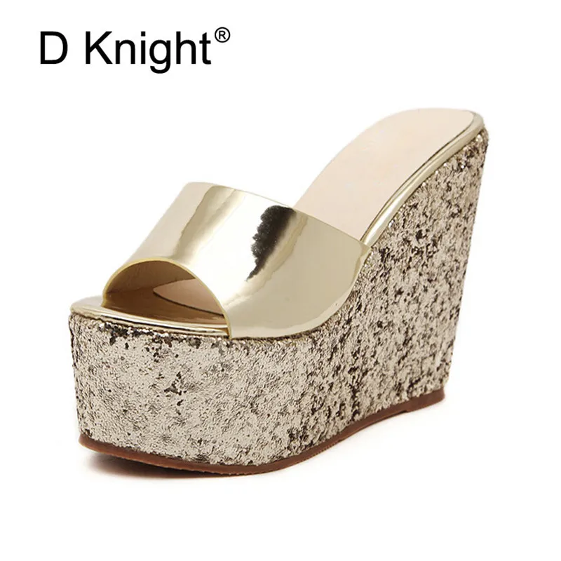

Sexy Sequins Wedges slippers Bling Patent Leather Thick Platform Sandals Women's Shoes 2019 New Super High-heeled Slides Woman