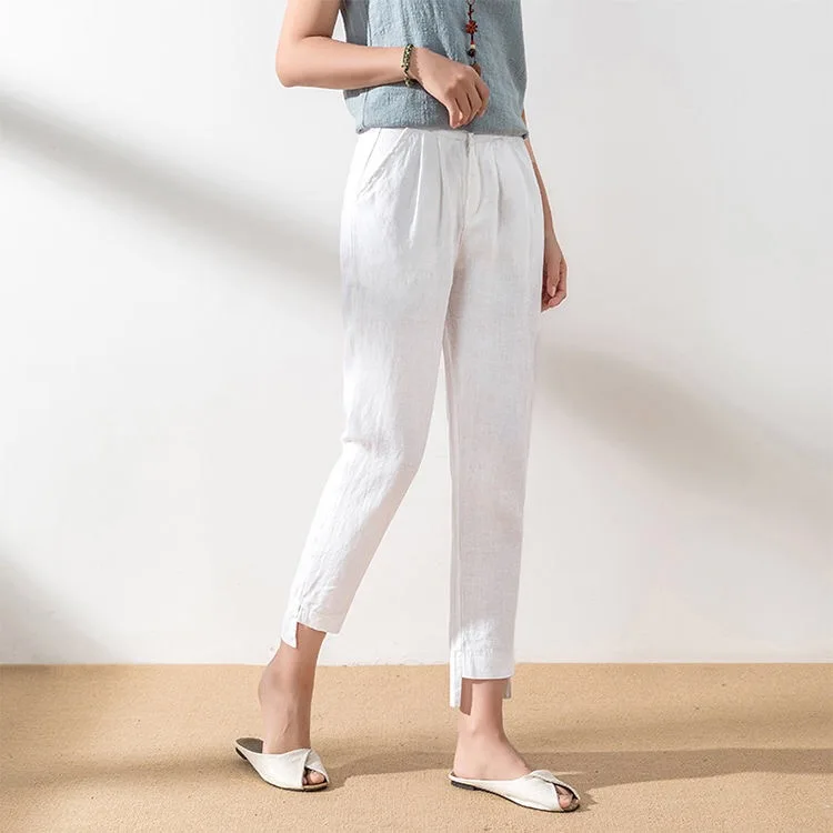Summer Spring Womens Female White Black Beige Slim Irregular Linen Pants Casual Elastic High Waisted Loose Trousers For Women | Женская