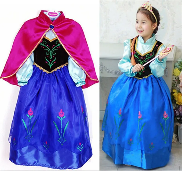 Girls Dresses Summer 2016 Girl Dress Children clothing Anna Blue Movie Dress + Red Cape Girl Princess Dresses Cosplay Costumes children dress