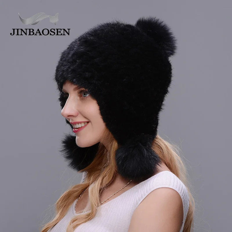 Женская зимняя теплая шапка JINBAOSEN черная из меха лисы вязаная шерстяная защита