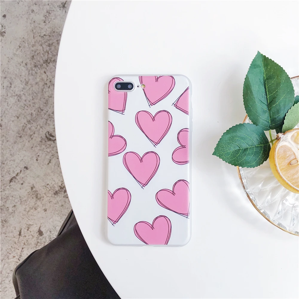 Cases For iPhone 7 Korean Girl Style Love Heart Pink Phone iphone 6S 8 Plus X Matte IMD Soft Silicone Back Cover Funda |