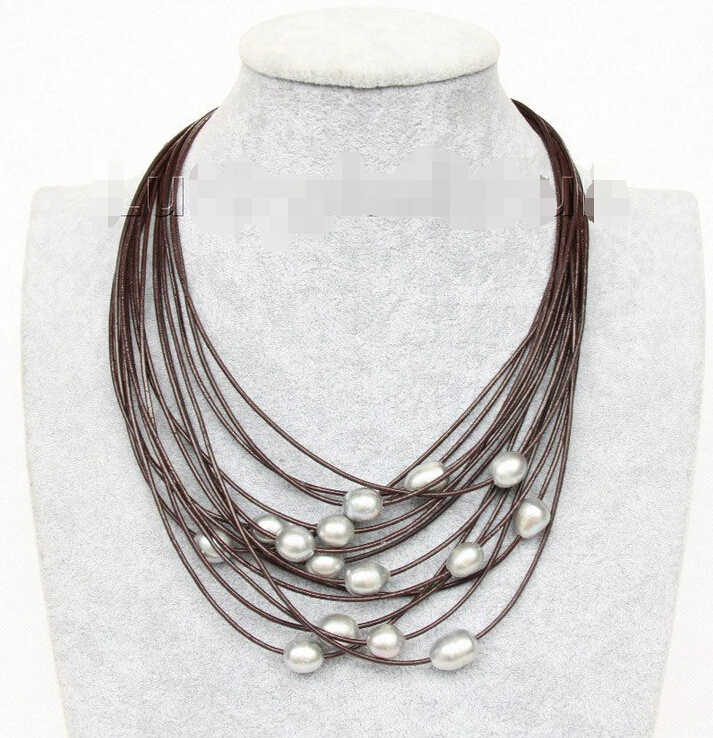 

17"-24" 13mm 15row gray pearls wine red leather necklace j9642^^^@^Noble style Natural Fine jewe FREE SHIPPING