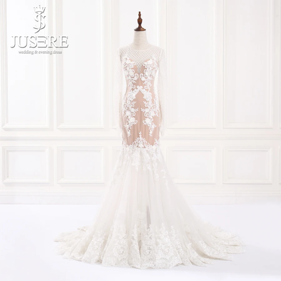 Jusere с длинными рукавами Свадебные платья Русалка 3D Цветочная аппликация Обнаженная Подкладка халат De Mariee свадебное платье Быстрая