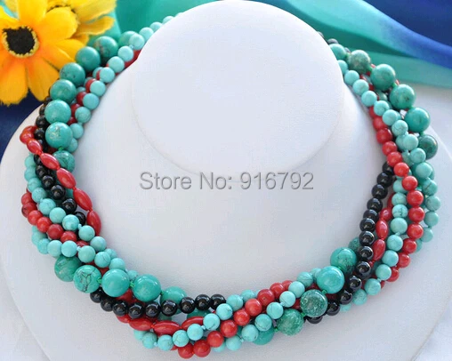 

free shipping >>>>>6row 17" red coral black agate blue turquoise bead NECKLACE