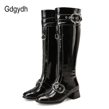 

Gdgydh Genuine Leather Knee High Boots Women Sexy Buckle Rubber Sole Patent Leather Winter Boots Woman Party Shoes Plus Size
