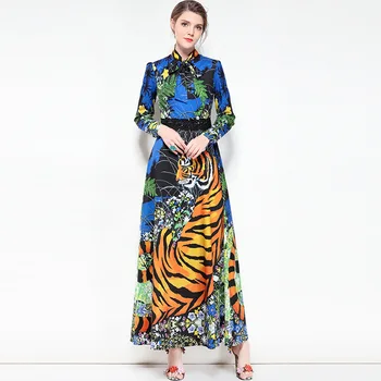 

High quality Spring Fashion Designer Maxi Dress Women's Long Sleeve Bow Collar Floral Animal Print Long Vintage Dress