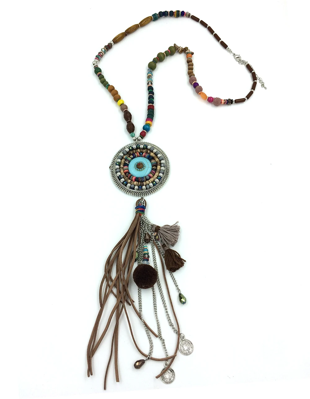 New Bohemia Boho long Necklace colorful beads chain leather tassel pendants Necklaces long fringe Pompom charm pendants necklace